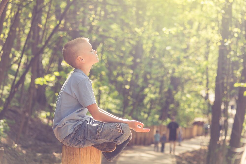 niño meditando y alzando la cabeza con un bosque detrás