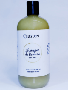 Envase de shampoo de romero y miel de Elyden