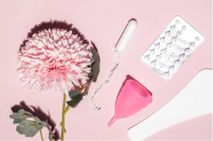 Artículos menstruales y flor, incluyendo tampón, disco menstrual y pastillas