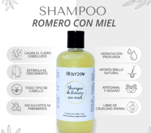 Envase de shampoo de romero con miel de Elyden