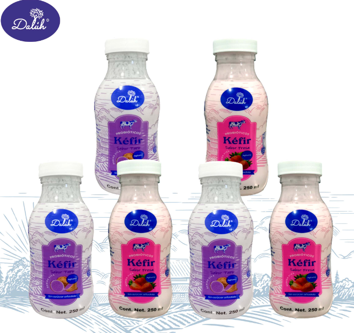 Botellas surtidas de Kéfir de Dalúh alimentos saludables