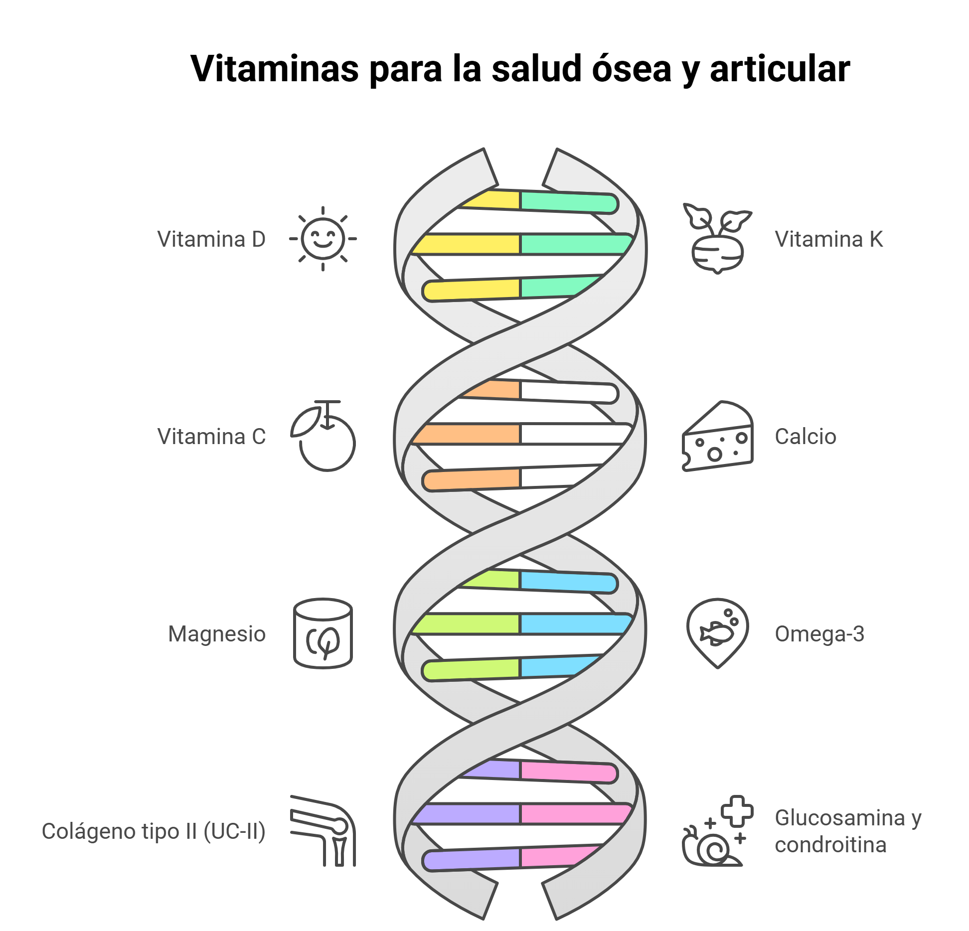 Infografía con vitaminas para el dolor de huesos y articulaciones que fortalecen el cartílago y mejoran la movilidad