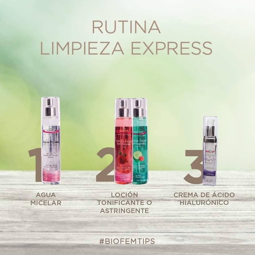 Rutina limpieza express: agua micelar + loción tonificante o astringente + crema de ácido