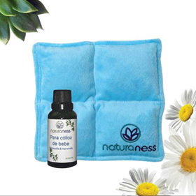 Compresa para cólicos de bebé azul con opción a comprar en paquete con aceite.