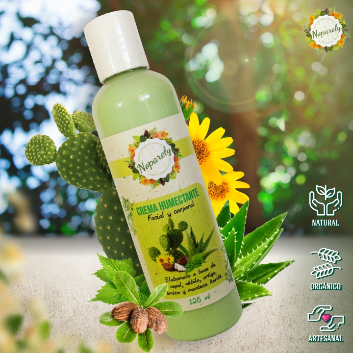 Crema humectante de nopal con sábila, ortiga, árnica, manteca karité. 125 ml.
