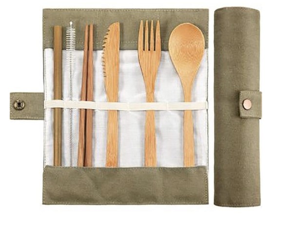 Set de cubiertos completos de bambú con estuche de tela