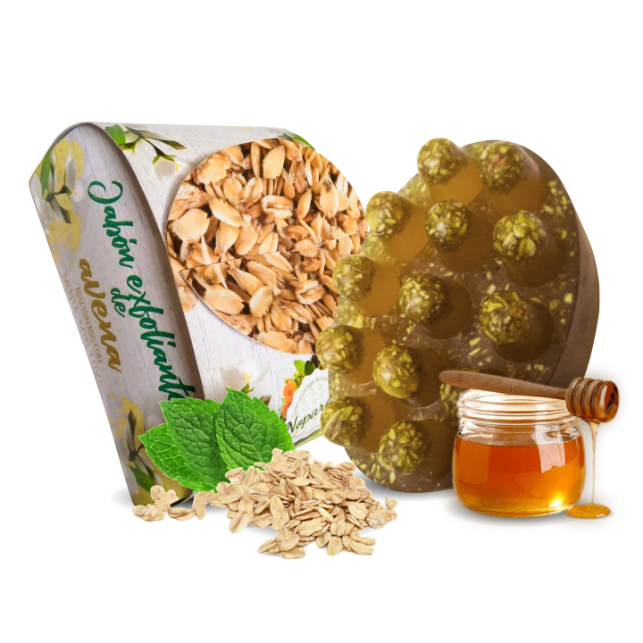 Jabón exfoliante a base de extracto avena, extracto de menta, miel y aceite de coco. 100 gr.
