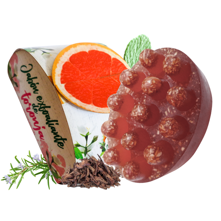 Jabón exfoliante a base de extracto de toronja, mucílago de nopal, romero y tepezcohuite. 100 gr.