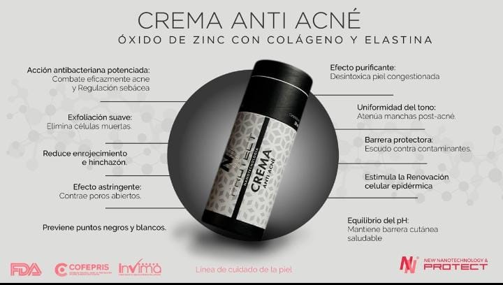 crema Anti acne, enriquecido con oxido de zinc , elastina y colageno