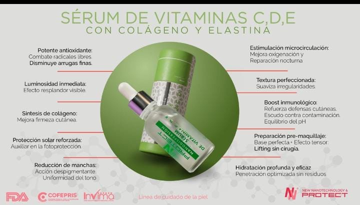 Serum de Vitaminas C,D, E MX, enriquecido con colageno y elastina